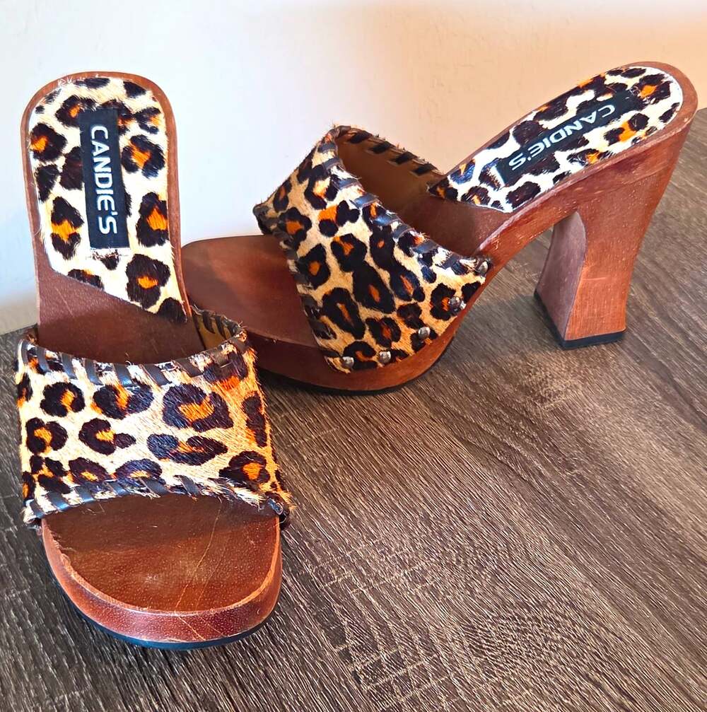 Vtg Candie's Leopard Leather Open Toe Mule Calf Hair Heels Brown Sz 6 2000s